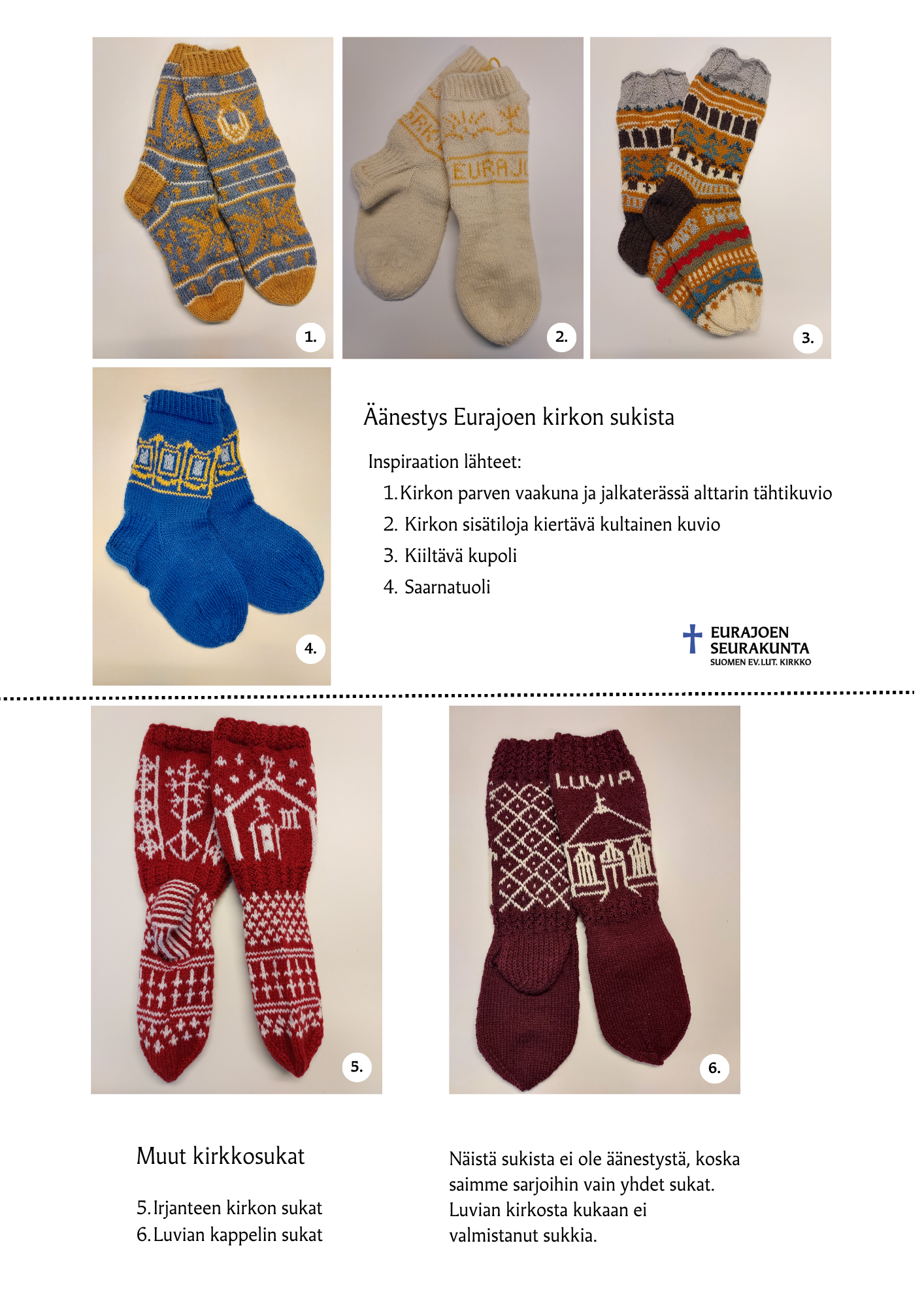 Kuvassa kirkoista valmistetut sukat